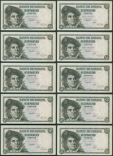 Spain: 10x Consecutive 5 Pesetas 1948 (P#136a, 1 letter, 8 digits serial) - UNC