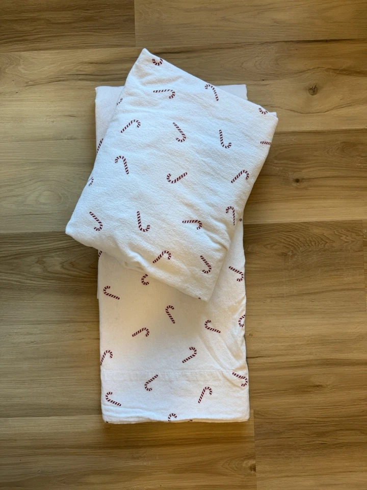 Sábanas de franela con bastón de caramelo doble Navidad vacaciones ajustables y sábanas planas rojo blanco Foto 2 de 4