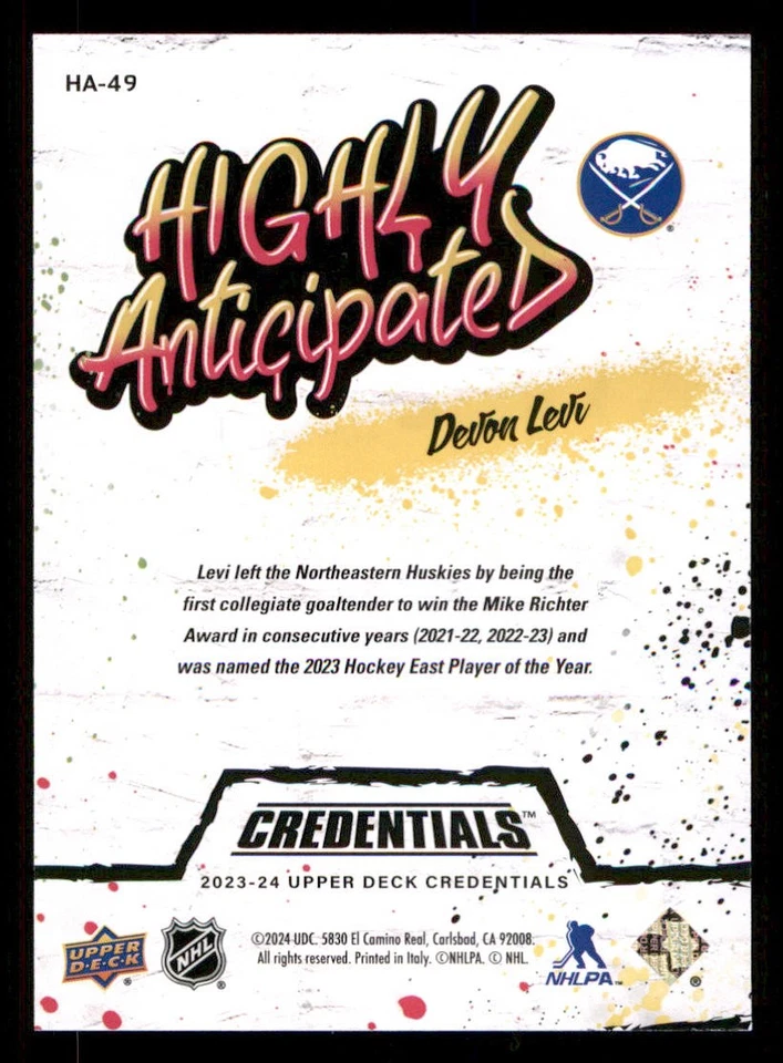 2023-24 Upper Deck Credentials Highly Anticipated #HA49 Devon Levi - Image 2 of 2