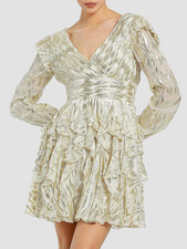 Women's Ieena for Mac Duggal 9305 Mini Dress S Gold Beige Ruffled Long Sleeve