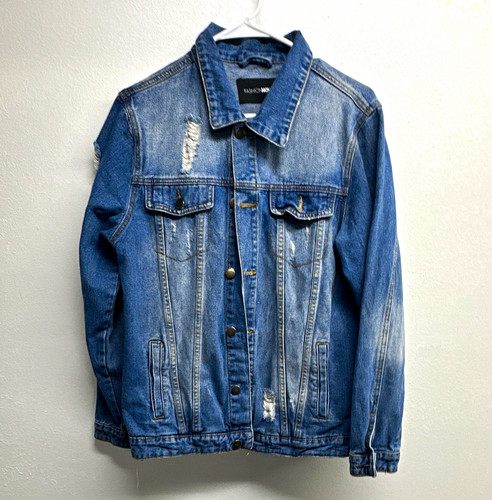 Fashion Nova Men’s Blue/Black Denim Jacket Button Front Point Collar Pockets M