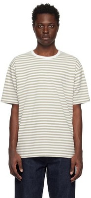 Nanamica Taupe & White Striped T-Shirt Short Sleeve Men s S Japan Beige Vintage