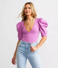 Intimately Free People Va Va Voop Wildberry Puff Sleeve V-Neck Bodysuit Small