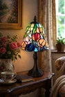 Vintage Tiffany Style 16"  Table Lamp Stained Glass Tulips Shade Metal Base 2003
