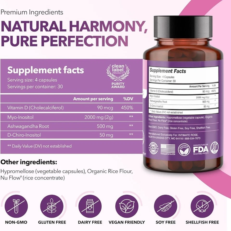 Suplemento de mioinositol para SOP con ashwagandha y vitamina D-120 cápsulas NUEVO Foto 3 de 4