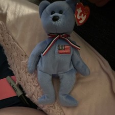Ty Beanie Babies America Bear Blue Plush with Flag Patch Ribbon 2001