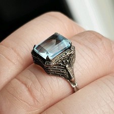 925 Sterling Silver Simulated Aquamarine Art Deco Style Ring Size 7.75 - 2.5g