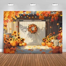 7x5ft Fall Photography Backdrop Autumn Pumpkin Harvest Barn Door Brown Decor