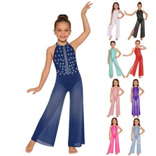 Girls Wide Leg Jumpsuit Sheer Pants Romper Lyrical Ballet Dance Leotard Dress