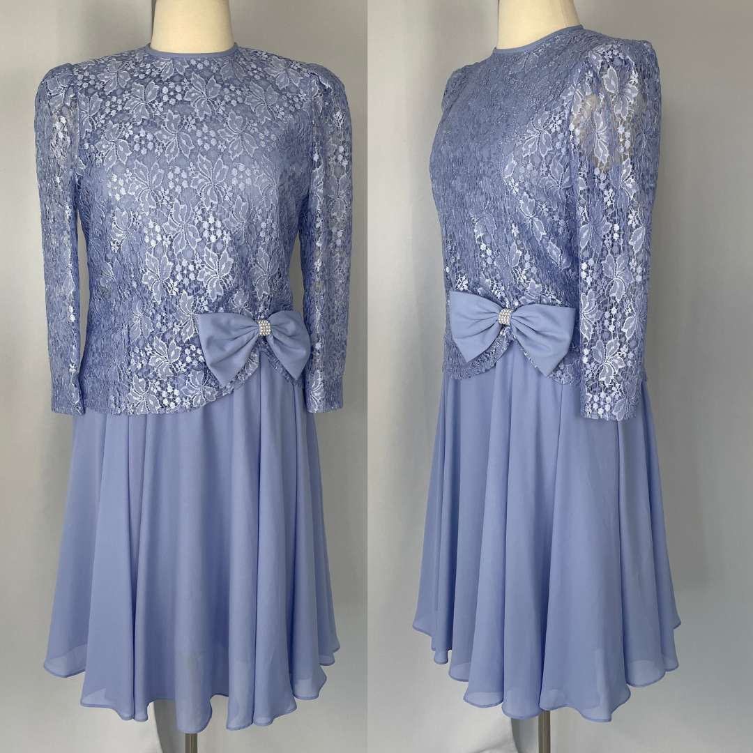Vintage Cocktail Dress Size 14 Light Blue Lace Bow Puff Sleeve Formal Party Midi-image