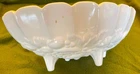 Footed white milk glass dish with grape design, lovely antique bowl