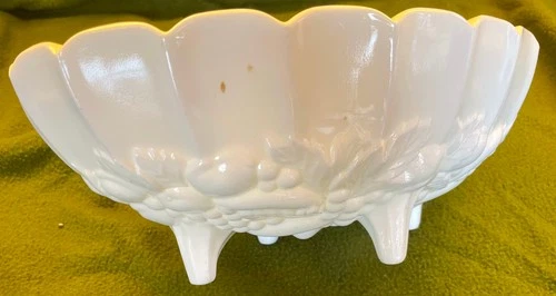 Footed white milk glass dish with grape design, lovely antique bowl