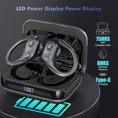 Wireless Earbuds Bluetooth 5.3 75H Spielzeit LED Display IPX7 Sport Ohrbügel