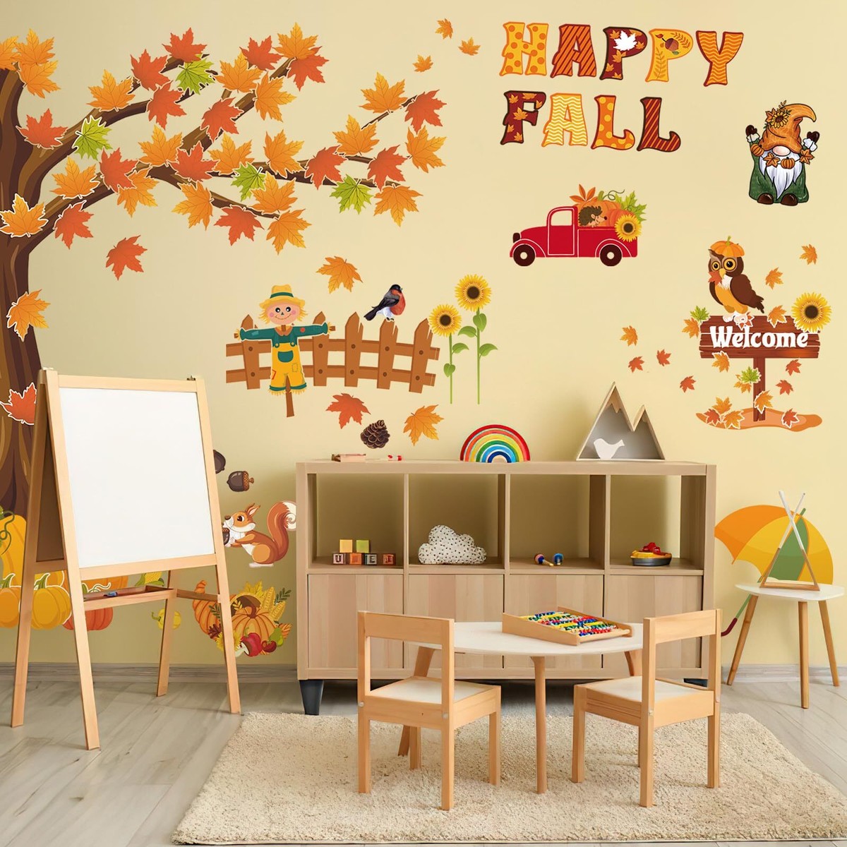 114-Piece Fall Bulletin Board Decor Kit - Pumpkin Sunflower Truck Cutouts With Plaid Border & Glue Points