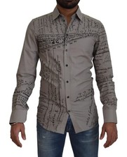 DOLCE & GABBANA Shirt GOLD Gray Printed Cotton Slim Dress 37/US14.5/XXS 1050usd