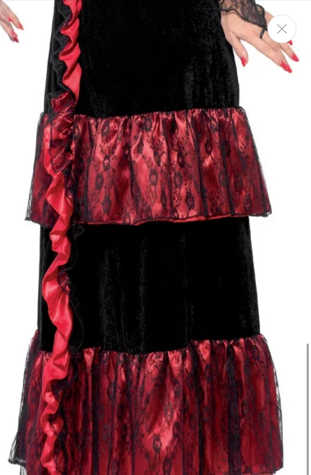 Smiffeys Dress Spanish Style XL Red Satin Velvet Black Lace Arm - Image 3 of 4