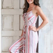 Linen blend pastel stripes wode leg lace up neckline belted jumpsuit large  nwt