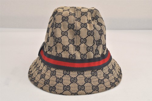Authentic GUCCI Sherry Line Bucket Hat GG Canvas Leather Size M 22.2" Navy 6761M - Picture 3 of 10