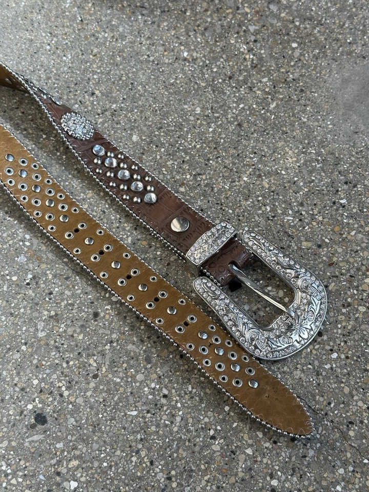 Cinturón Western de Cuero Tachonado con Estrás Marrón Plateado Vaquero Vaquera Rave Boho Foto 3 de 4