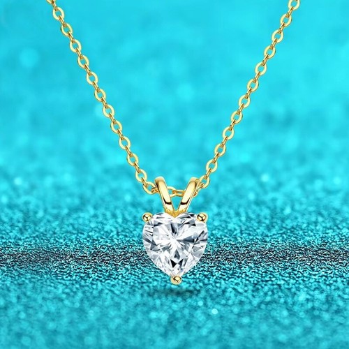 1ct Moissanite Women Heart Pendant Necklace S295 Silver 18K Yellow Gold Plated - Bild 1 von 12