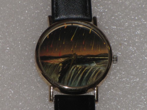 Mens Watch Gold Plated Black Genuine Leather Band Hell Fire Comet Water Fall - Picture 24 of 24