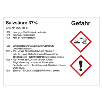 GHS Aufkleber Gefahrstoffetikett Salzsäure 37% 74 x 52 mm 100 Stück/Rolle