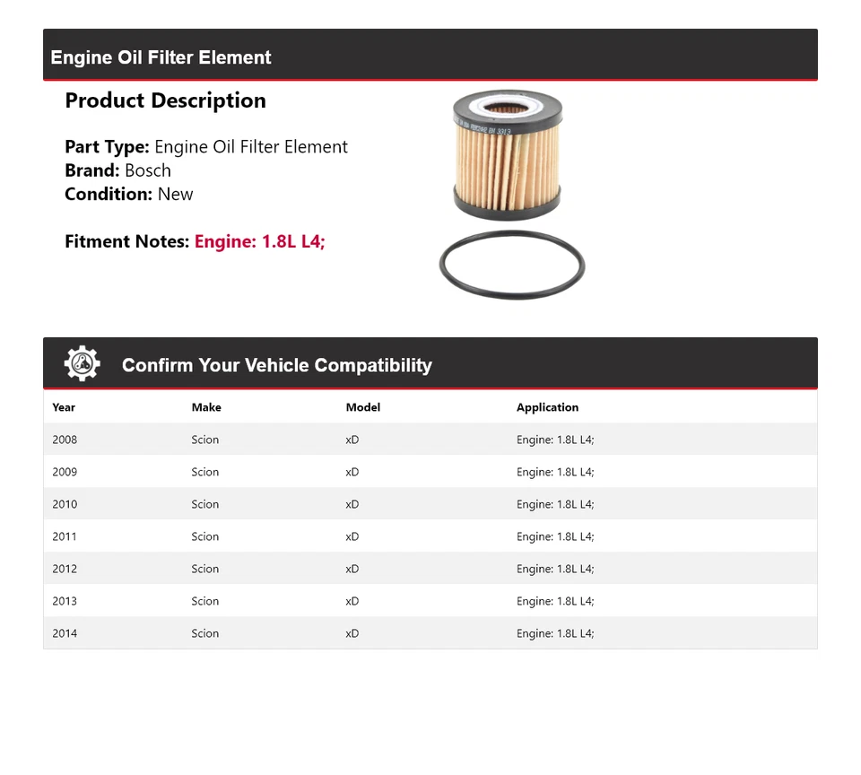 Filtro de aceite premium Bosch Scion xD 2008-2014 1,8 L L4 2009 2010 2011 2012 2013 Foto 2 de 3