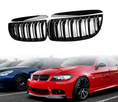 For BMW 3' E90 E91 2005-08 Gloss Black Front Hood Kidney Dual Slat Grill Grille