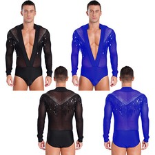 Men Rompers Deep V-neck Shirt Sheer Bodysuit Stage Leotard Rhinestones Costume
