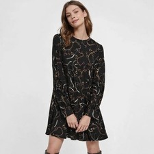 Zara Black Equestrian Chain Horse Bit Bridle Print Long Sleev Drop Waist Dress S