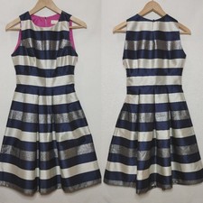 Eliza J Women's Stripe Fit & Flare Metallic Jacquard Dress 4 silver gray blue