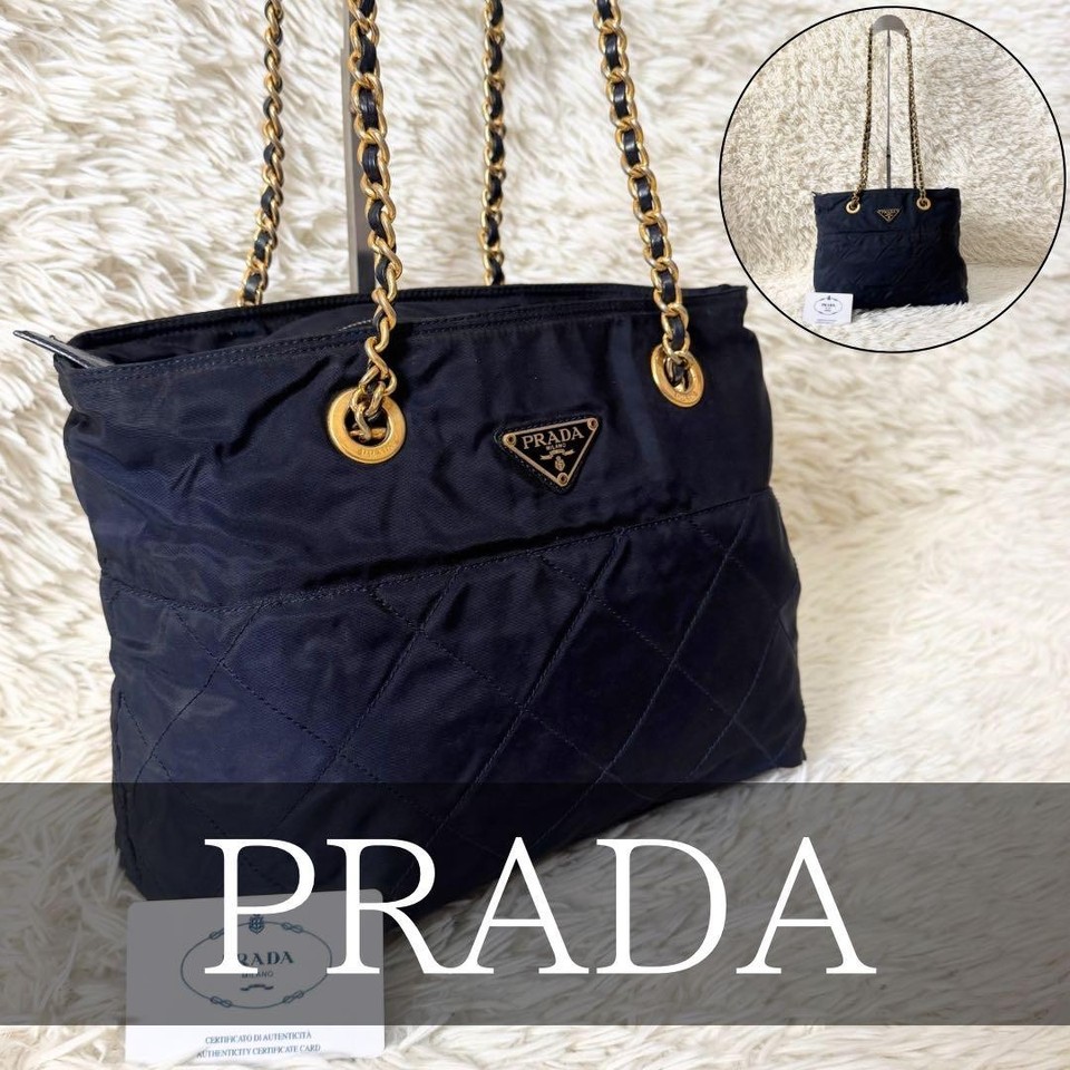 PRADA Tessuto Nylon Quilted Triangle Logo Shoulder Bag Vintage Black Navy