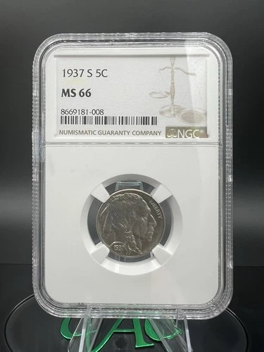 1937-S Buffalo Nickel 5c NGC MS66 - Beautiful Example!