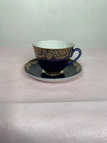 Lomonosov Russian  Cobalt Blue Porcelain Tea Cup Saucers Golden Frieze