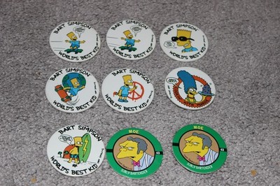(9) 1994 Simpsos Pogs Milk Caps Moe art Marge The Simpsos