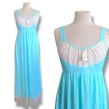 Vintage 1970s Formfit Rogers Womens Nightgown Sz Small Blue Nylon Lace Deadstock