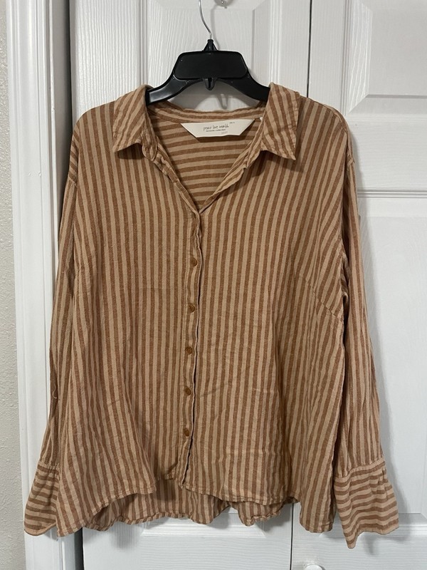 Peace Love World Boheme Linen Blend Brown Stripe Button Up Boho Lagenlook XL