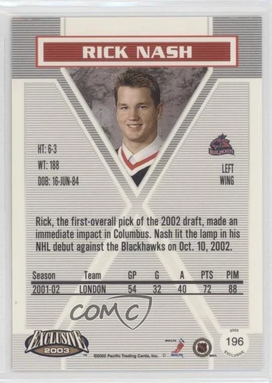 2002-03 Pacific Exclusive /1000 Rick Nash #196 Rookie Auto RC - Image 2 of 2