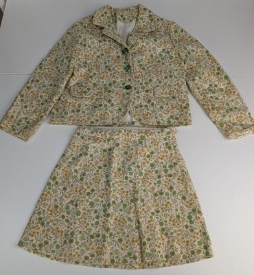 Unique Vintage Retro Girls Jacket Skirt 2 Pc Suit Outfit Green Floral Floral 5/6