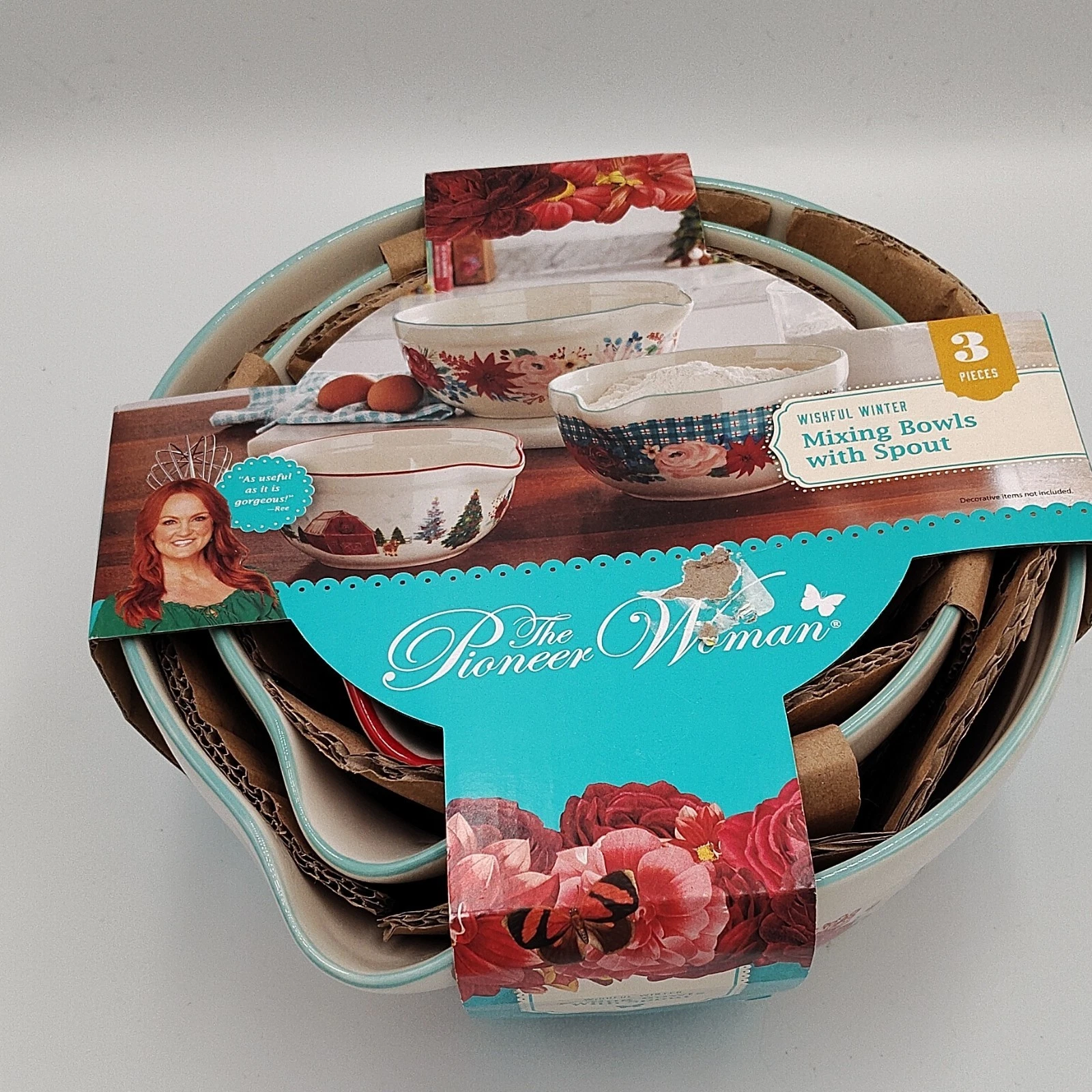 The Pioneer Woman Wishful Winter 3pc Ceramic Mixing Bowl Set Floral Pour Spout