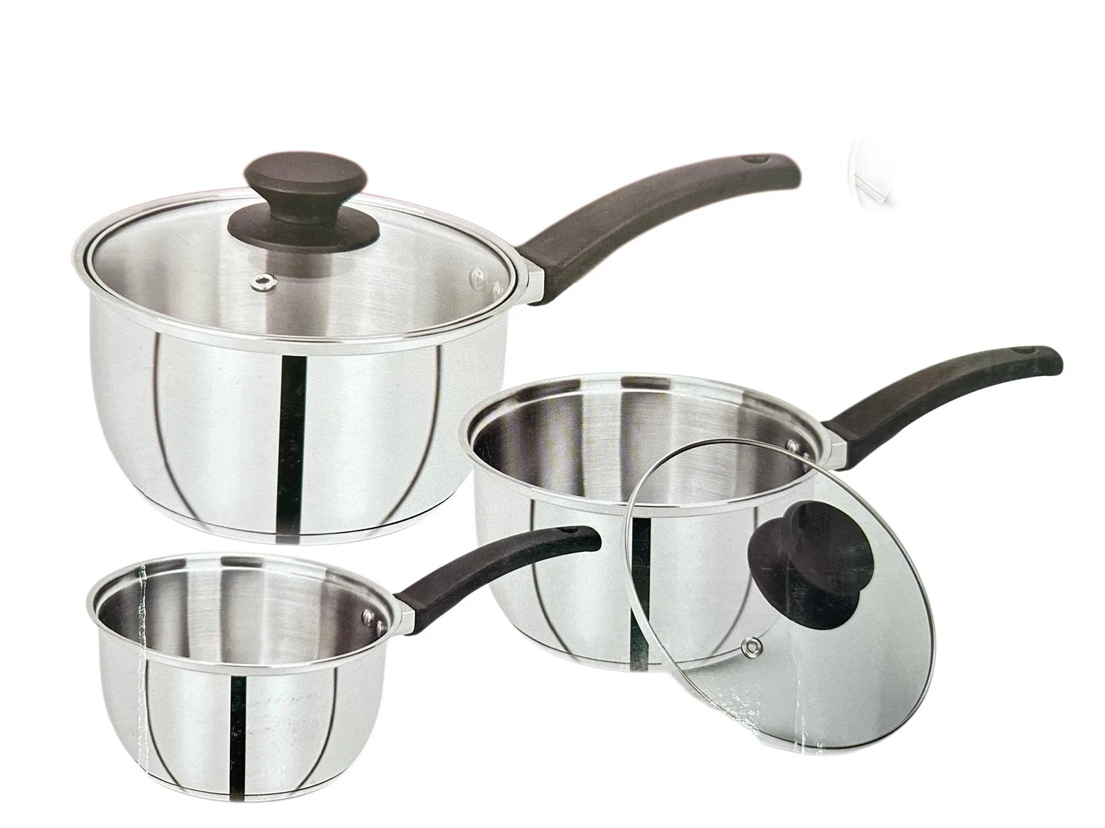 3Pc Stainless Steel Saucepans Cooking Pots Cookware With Glass Lids 16/18/20cm