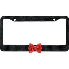 Black 7 Rows Bling Diamond Crystal License Plate Frame With Red Bow Tie