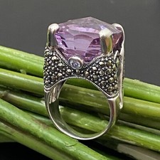 Vintage Amethyst Purple Marcasite 925 Sterling Silver 16mm Cocktail Ring Sz 8