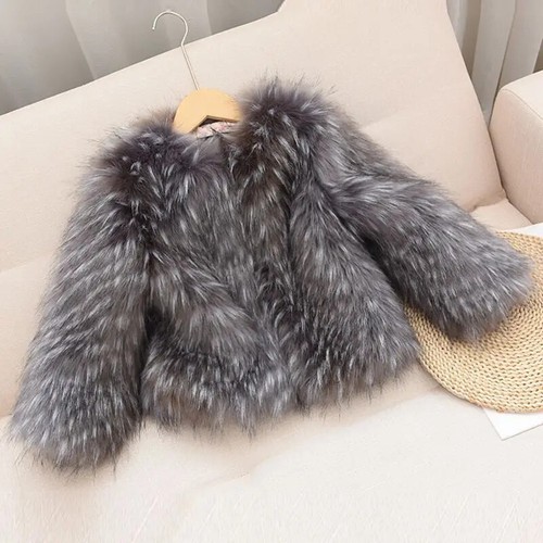 Autumn and winter faux raccoon fur round collar girl children's fur coat jacket - Picture 7 of 19