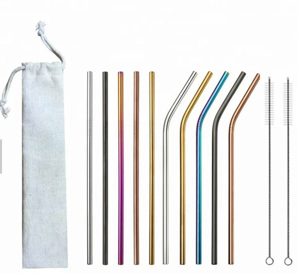New 8x Rainbow Metal Straw Reusable Colour Stainless Steel Drinks Straws Party - Image 2 of 4