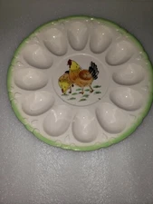 VTG Hand Painted Ceramic Deviled Egg Plate Rooster Hen Shabby Chic Green Trim 