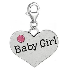 Heart 2 Sided w/ Clear  Crystal Stones Baby Girl Charm Clip On Pendant w/ Lobste