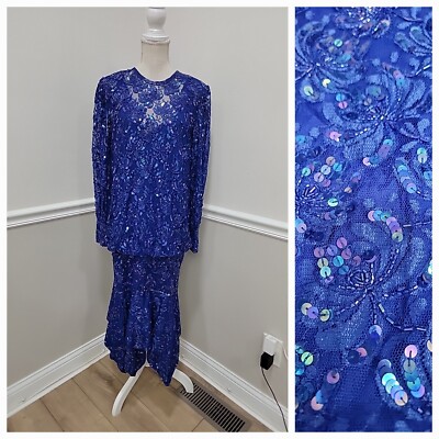 ViNTAGE JUDiTH ANN DROP WAiST TiERED LACE PURPLE BEADED SEQUiN COCKTAiL DRESS 