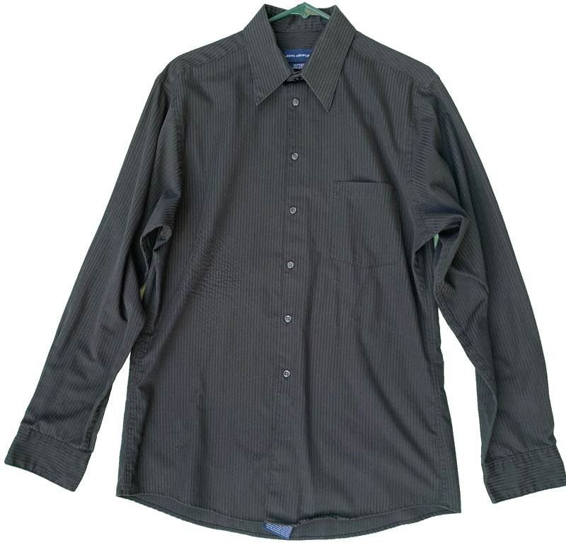 MEN'S BLACK DRESS SHIRT Striped - Size M Fitted, Wrinkle Resistant JOHN ASHFORD