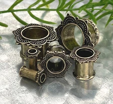 PAIR Antique Gold IP Rose of Sharon Tunnels Plugs Earlets Gauges Body Jewelry